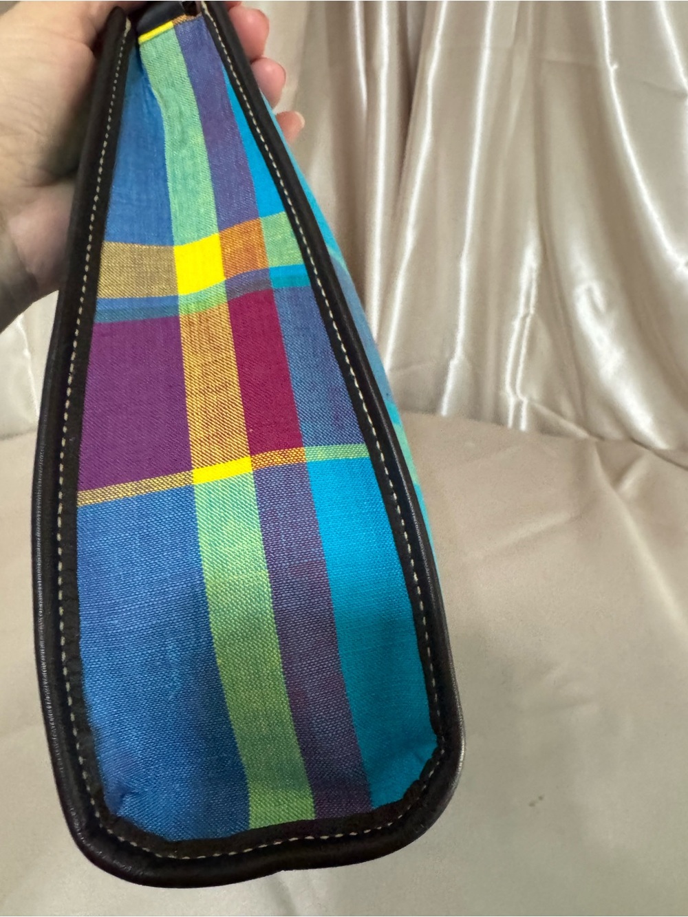 Lauren Ralph Lauren Teal Plaid Shoulder Bag with leather Trim - Picture 7 of 16